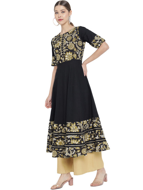 A Black Gold Printed Festive and Party Wear Anarkali Kurti is a type of  Indian traditional